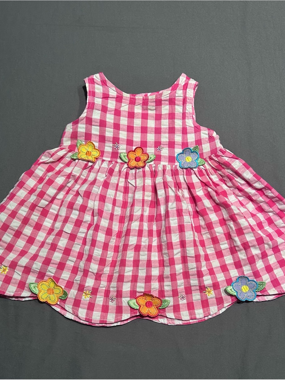 Youngland Pink & White Gingham Sleeveless Dress with Flower Details